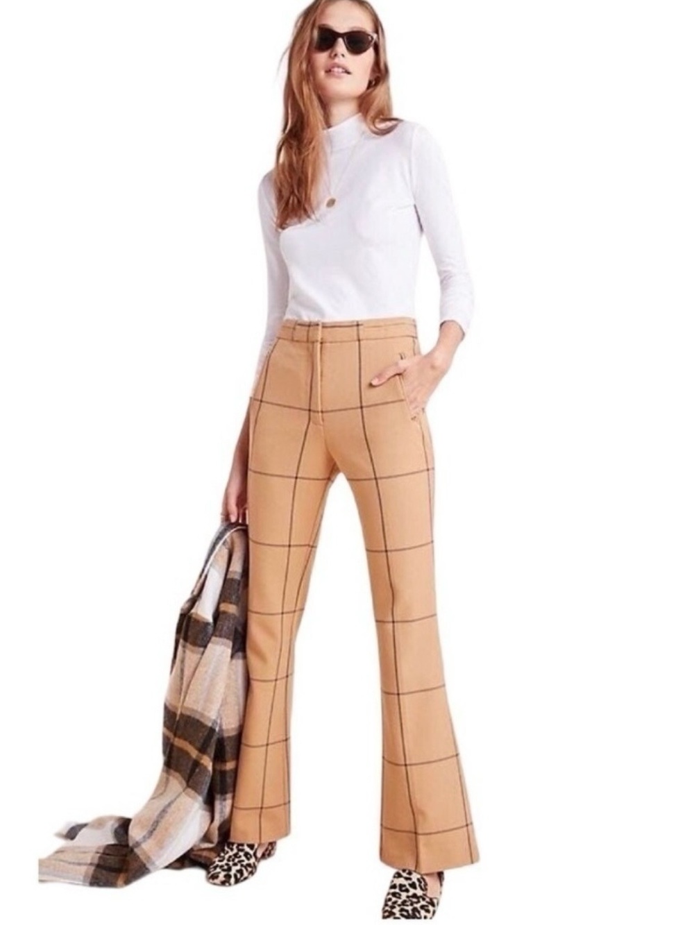 Anthropologie Sable Windowpane High Waisted Bootcut Trousers Camel 10